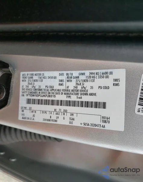 2018 Ford F150 Supercrew z USA, uszkodzony, nr VIN 1FTEW1EP3JKF28315